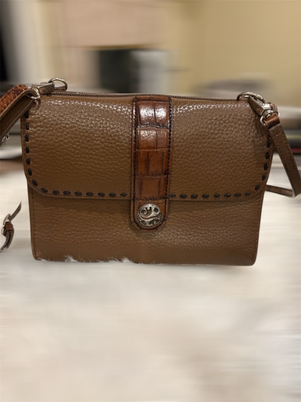 Brighton Brown Leather Crossbody Bag with Croc-Trim Accent - Picture 2 of 16